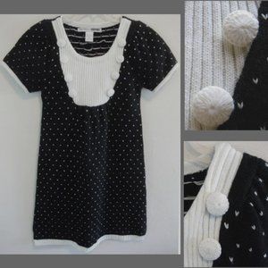Knit sweater dress M Tunic Black White Cap sleeve Pattern Pullover Short Mini